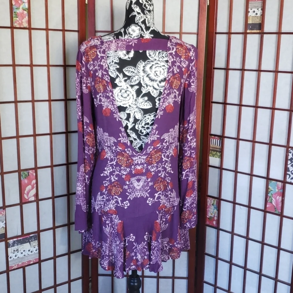 Free People Backless Ruffle Skirt Long Sleeve Floral Mini Dress Size S - Picture 5 of 8